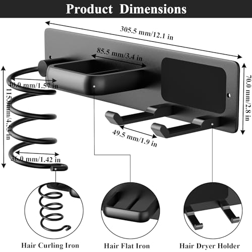 Tindbea Hair Dryer Holder Wall Mount Aluminum Alloy Hot Tools Organizer - color: Matte Black