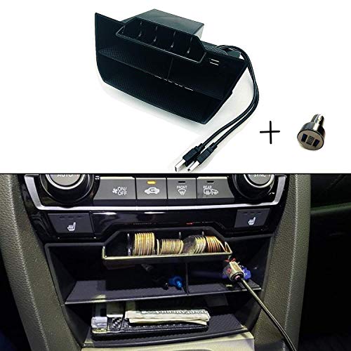 Waterproof ABS Plastic Caddy for Honda Civic Sedan 10th Gen Central Console Box Coins Trays Organizer with USB Extension Cable - Fits 2016-2021