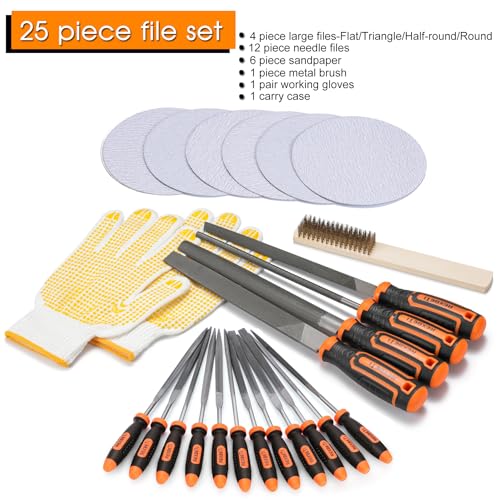 REXBETI 25Pcs Metal File Set, Tool Sharpening, Woodworking, Finishing File | 4 Large Flat/Triangle/Half-Round/Round File, 12 Needle Files, Working with Wood, Metal, Glass, Tile, Leather, Plastic, T12 - style: 25PCS