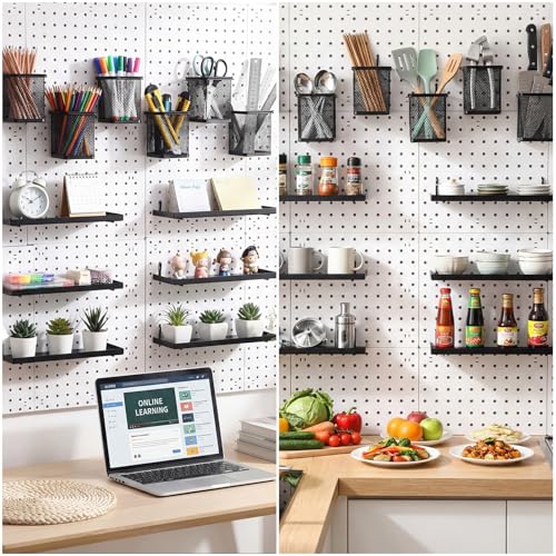 12 Pack Pegboard Organizer Accessories - 6 Pegboard Pencil Cups Holder Peg Board - 6 Shelves Metal Shelf Brackets - Tools Storage Arrange System Kit for Office Garage Room