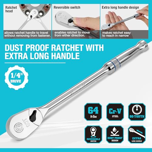 DURATECH Extra Long Handle 1/4-Inch Drive Ratchet, 90-Tooth Ratchet Wrench - size: 1/4" with 8" handle
