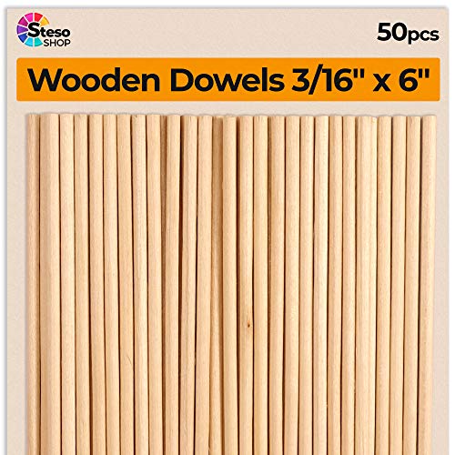 Hardwood Dowel Rods 6 inch - 3/16 Wood Craft Dowels for Woodworking Projects - 50 pcs - Model Building, Games, Kids Crafts, Home Decor - size: 3/16 x 6inch x 50pcs