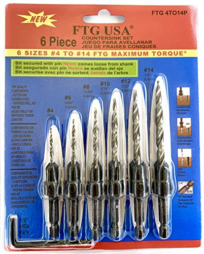 FTG USA 6 Pc Wood Countersink Drill Bit Set #4#6#8#10#12#14 with Hex Key - size: #4#6#8#10#12#14, style: w/o Depth Stop
