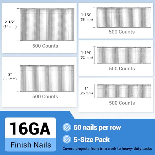 meite 16 Gauge Finish Nails 5 Sizes Galvanized Straight T-Nails 2,500PCS - size: 5 Sizes Finish Nails Set