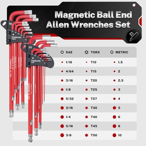 TOMMARS Allen Wrench Sets, SAE, Metric & Torx, Magnetic Ball End T-Handle