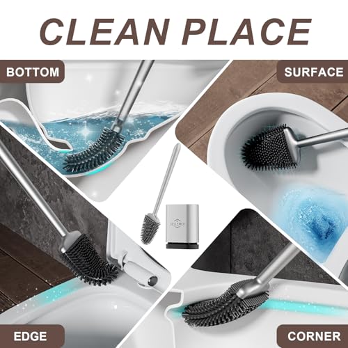 Sellemer Silicone Toilet Brush, Ventilation Slots Base Holder 1 Pack Silver - color: Silver-1pcs