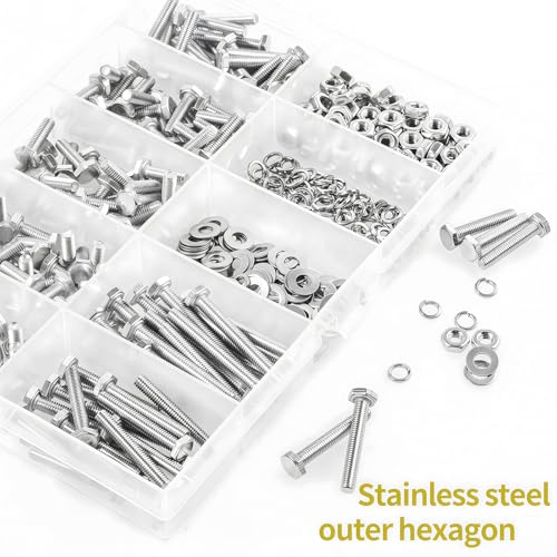 M3 Hex Head Bolts 490Pcs Metric Heavy Duty Hex Cap Bolts and Nuts Flat and Lock Washers Kit M3x6/8/10/12/16/20/25mm 304 Stainless Steel Fully Thread External Hex Drive Fasteners - size: M3