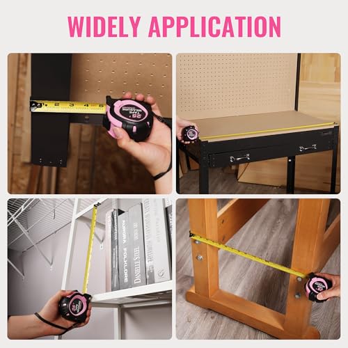 WORKPRO 25-FT Tape Measure with Fractions, 3 Brakes Retractable Measuring Tape, Compact Measurement Tape with Magnetic Hook, Nylon Coating Blade Accuracy 1/32”, Pink - size: 25-FT