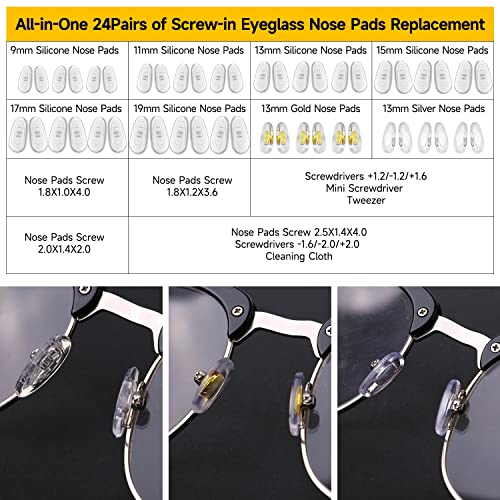 Eyeglass Nose Pads, 24 Pairs of Screw-in Glasses Nose Pads, Upgraded Magnetic Eyeglass Repair Kit with Precision Precision Screwdriver Set, Screws, Tweezer for Travel, Birthday Gift, Christmas - color: Yellow