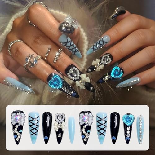 3D Black Press on Nails Almond - Long Tip Fake Nails with Embossed Heart-shaped Bow&White Bead Designs, Glossy Finish Reusable False Nails for Women Manicure(3D Embossed design 26） - color: 3D Embossed design 26