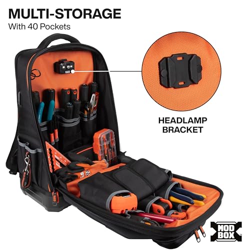 Klein Tools 62809MB MODBox Hard Shell Backpack with Protective Front Shell, 40 Pockets, Laptop Sleeve USB-C Port, MODBox Compatible, Heavy Duty - size: Hardshell Backpack