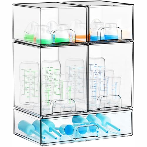 Yieach 5 Set Clear Baby Bottle Organizer for Countertop,BPA FREE Bottle Station Organizer for Breast Pump Parts,Pacifier and Baby Accessories,Stackable Drawers for Bathroom,Cabinet,Pantry Organization - style: 5 PACK