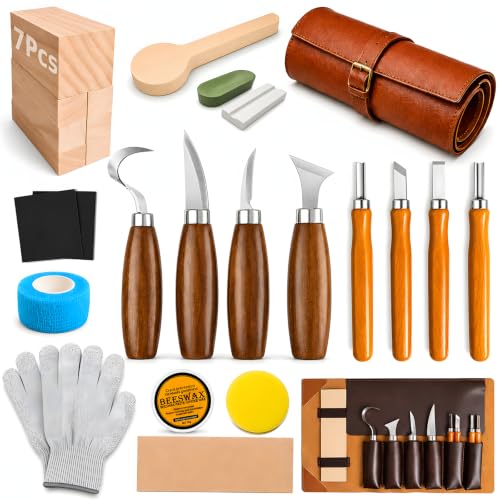26 in 1 Complete Wood Carving Kit for Beginners with Leather Storage Bag