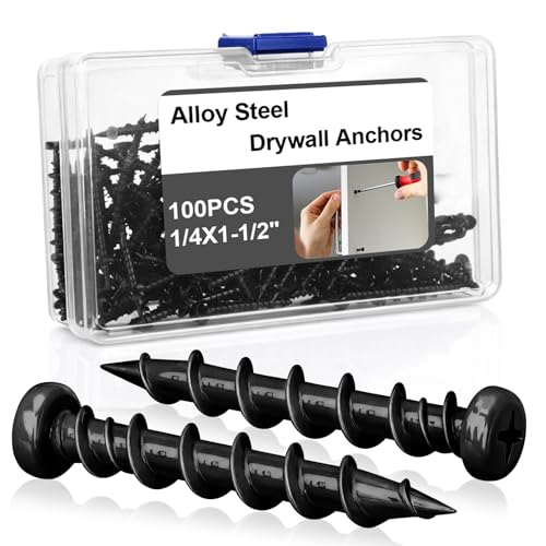 Blulu 100 Pcs Drywall Anchors 1/4 x 1-1/2 Inch Alloy Steel Light Wall Anchors Heavy Duty Self Drilling Screws for Drywall, Wood and Other Masonry Materials(Black) - color: Black