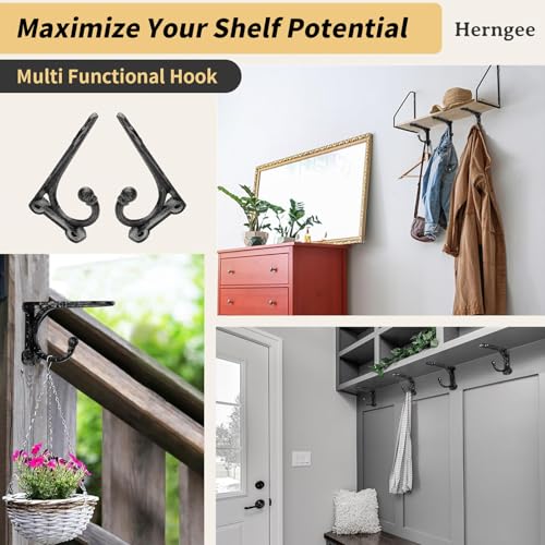 Cast Iron Shelf Brackets 4 Inch, 4 Pack Black Rustic Shelf Brackets with Hooks，Heavy Duty Floating Brackets Wall Mounted, Decorative Brackets for Wood Shelves - size: 4 Pack 4'' Bracket