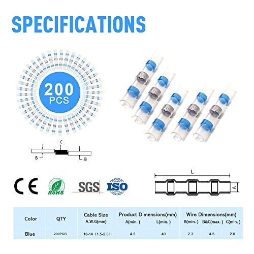 Kuject 200PCS Solder Seal Heat Shrink Wire Connectors AWG 16-14, Blue Butt Connectors Waterproof Splice for Marine, Automotive, Boat - size: AWG 16-14 Blue