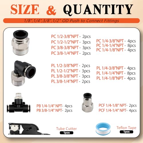 64PCS Air Hose Fitting Kit 1/8-1/2in NPT Brass PBT Push to Connect