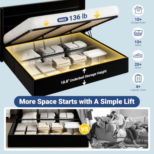 Allewie King Size Lift Up Hydraulic Storage Bed Frame Black - color: Black, size: King, style: Modern
