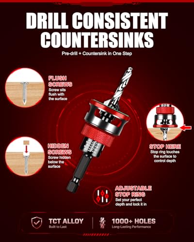 9PCS Countersink Drill Bit Set with Adjustable Depth Stopper - color: Red, size: Standard - Manual Adjustment