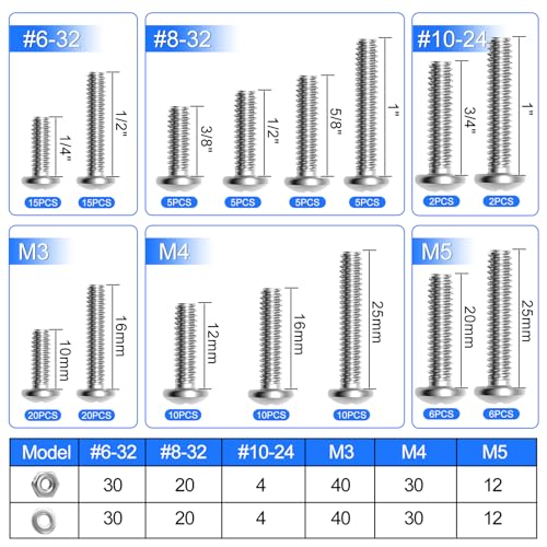 408PCS Machine Screws Nuts and Bolts Assortment Kit, 304 Stainless Steel Bolts #6-32#8-32#10-24 M3 M4 M5 Phillips Pan Head Hardware Screw Assortment Kit, Assorted Bolts, Nuts and Washers Kit - size: 408PCS