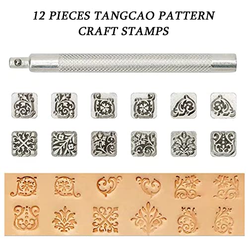 84 PCS Leather Craft Stamping Tools Set, Include 26 6.5mm Alphabet & 10 Number & 32 Patterns Stamp & 12 Tangcao Patterns Stamp & 3 Stamping Handle & 1 Leather Hammer, Leather Craft Stamps - color: 84 Pcs