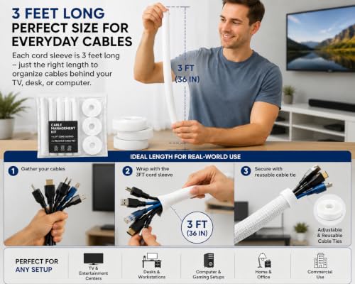 Cable Management Kit – 4 Pack 3FT Cord Sleeves + 3 Roll Reusable Cable Ties, Wire Organizer Wrap for TV, Desk, Computer, Home & Office, White