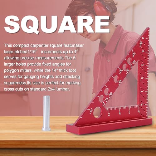 Carpenter Square, Small Triangle Square, 90 Degree Small Square Ruler, Woodworking Measuring Tool with Fixed Miter Angle Pin (Red) - color: Red-Small