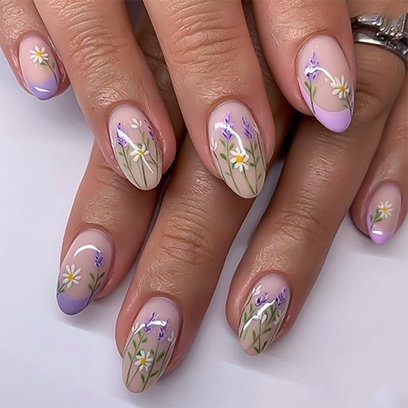 Press On Nails Spring Summer Acrylic Nails for Women - Lavender Designer Fake Nails Short Almond 24PCS, Glossy Soft Gel with Glue, Outdoor Picnic/Wedding/Party Reusable Stick On Nails Gift - color: 3760-Lavender, size: 24 Pieces (Pack of 1)
