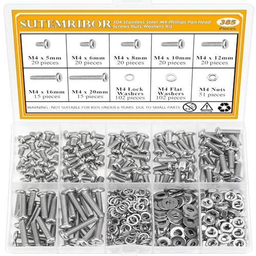 385 Pieces M4 Machine Screws Nuts Washers Set, Sutemribor M4 x 5/6/8/10/12/16/20mm Phillips Pan Head Machine Screws Nuts Washers Assortment Kit, 304 Stainless Steel, Fully Threaded - size: M4, style: Phillips Pan Head