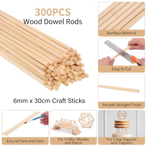 300 Pcs Wooden Dowel Rods, 1/4 x 12 Inch Craft Sticks for DIY - size: 1/4 x 12 Inch(300 PCS)