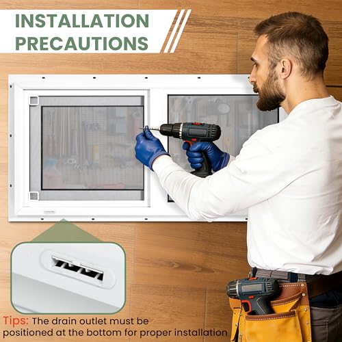 Vinyl Basement Window, Bathroom Sliding Window 32" x 16" White | Double Pane Insulated Tempered Glass and Fiberglass Screen for Basement, Bathroom, Shed - size: 32x16 IN