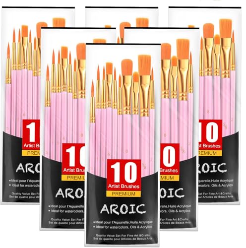 AROIC Acrylic Paint Brushes, 6 Packs/60 pcs Nylon Hair Paint Brush Set - size: 60pcs-pink