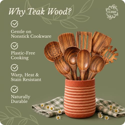 ELIBRE 9-Piece Teak Wood Kitchen Utensil Set, Heat-Resistant, Food Grade