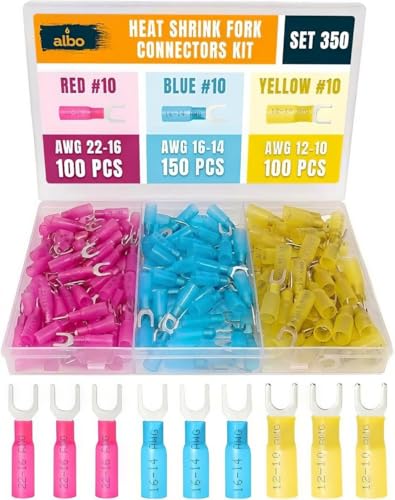 ALBO 350 Pcs Heat Shrink Fork Terminal Kit, 22-10 AWG, Red Blue Yellow - color: Fork Set 350pcs #10 AWG 22-10
