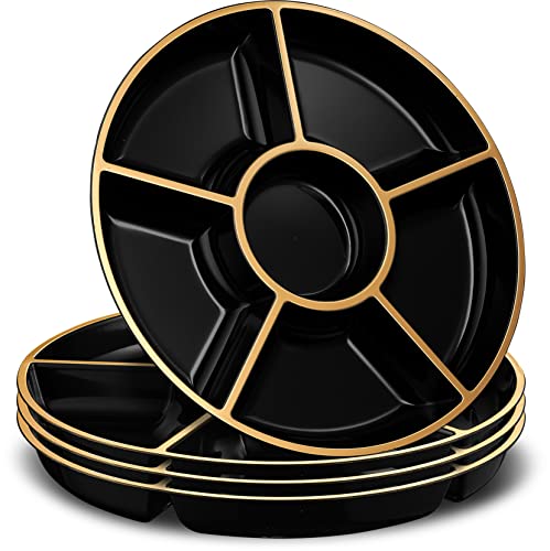 PLASTICPRO 6 Sectional Round Plastic Serving Tray/Platters Black & Gold Pack of 2 - color: Black & Gold