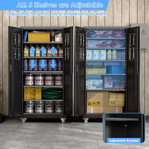Aobabo Metal Garage Storage Cabinet with Wheels and Pegboard, Black - color: Black, size: 16"D x 32"W x 71"H-0 Drawers