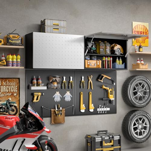 Garage Wall Cabinet, Metal Tool Cabinet with Lock&Adjustable Shelf - color: Black-silver