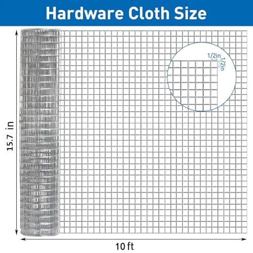 Hardware Cloth,Chicken Wire Fence,1/2 inch 15.7in x 10ft Galvanized Welded Cage Wire for Bird Wire Gopher Wire Rabbit Wire Snake Fence Poultry Netting Cage Screen - size: 15.7in×10ft