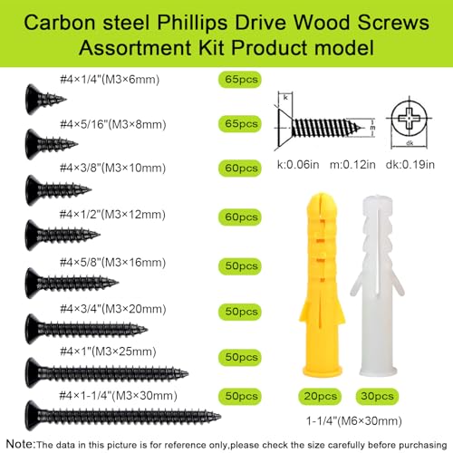 #4 Black Wood Screws Kit, 500pcs Flat Head Phillips Short Screw Set - color: M3-Black, size: 500PCS