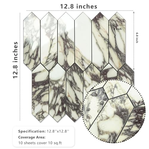 Vamos Tile Glossy Marble Purple Backsplash Tile Peel and Stick, 12.8 x 12.8 Inch 10 Sheets Long Hexagon PVC Self Adhesive Mosaic Wall Tiles Stick on Backsplash for Kitchen and Bathroom - color: Glossy Marble Purple