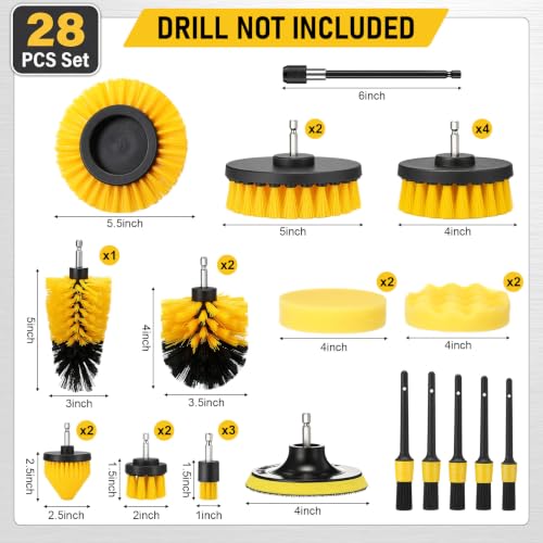 28 Pack Drill Brush Attachment Set, Power Scrub Brushes Extend Long Reach Tools for Grout, Floor, Tub, Bathroom and Kitchen Surface,Scratch Brushes (Yellow) - color: Yellow