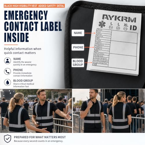 AYKRM 12 colour High visibility viz vest hi vis viz reflective work construction safety vest (XS-8XL) - color: Black, size: Medium