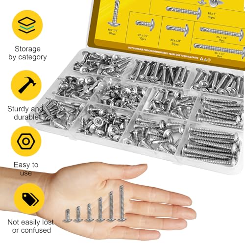 192Pcs #8 Self Tapping Screws Assortment Kit, #8 x 1/2",5/8'',3/4",1",1-1/4",1-1/2'' Modified Truss Head Sheet Metal Screw, 410 Stainless Steel Self Drilling Screws for Metal - size: 192pcs #8 Silver