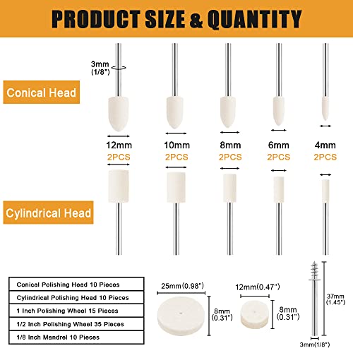 80PCS Polishing Buffing Wheel for Dremel Polishing Kit, Wool Felt Polishing Wheel for Dremel Rotary Tool Accessories, with 1/8" Shank for Jewelry Metal Polishing