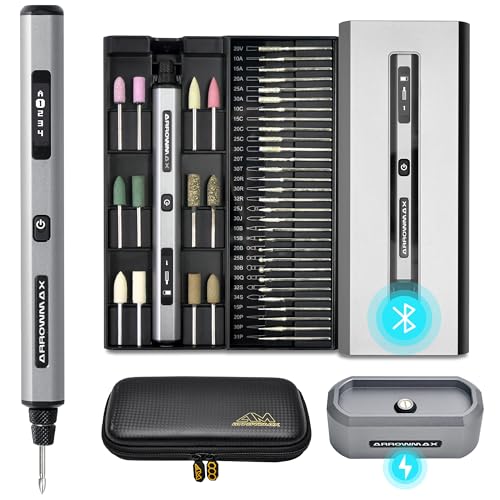 AM ARROWMAX Mini Engraving Pen, Rotary Tool with 42 Bits, Aluminum Case, Smart Motion Control, OLED, APP, Magnetic Charger, Tool Bag, Engraving Pen for Jewelry, Wood, Glass, Carving (SGS PRO Plus) - color: Grey, size: SGS PRO PLUS