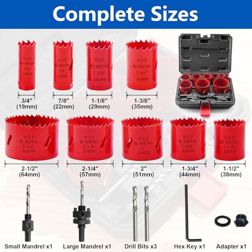 Greywolf 15 pcs Bi-Metal Hole Saw Set, M3 HSS Hole Saw Kit with 3/4"-2-1/2" (19-64mm) 9 pcs Hole Saw Blades, Boxed, with Arbor, Drill Bit, Hex Wrench, for Metal, Wood, Plastic - color: Red