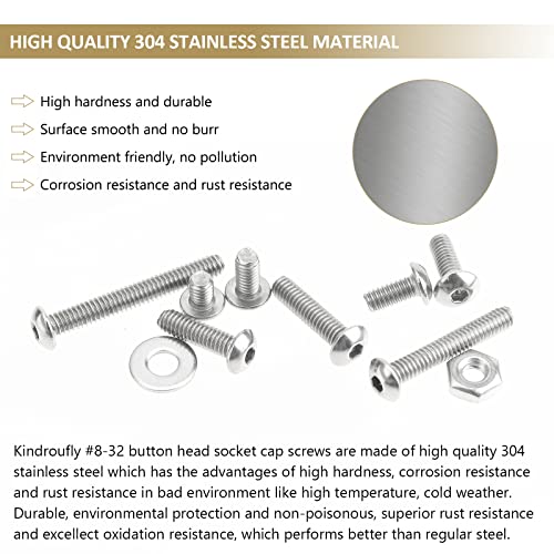 212 Pieces #8-32 x 1/4", 5/16", 3/8", 1/2", 5/8", 3/4", 1", 1-1/4", Button Head Socket Cap Screws Nuts Washers Assortment Kit, 304 Stainless Steel, Fully Machine Thread - size: #8-32, style: Button Head