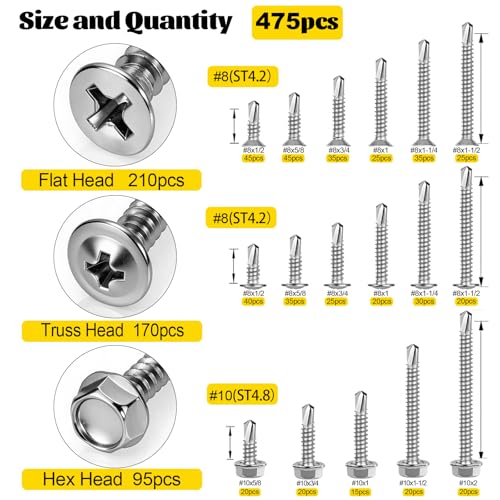 475Pcs #8#10 Self Tapping Screws for Metal, 410 Stainless Steel Self Drilling Screws Assortment, Truss Head & Hex Head & Pan Head Sheet Metal Screws, Length 1/2" to 2" - size: 475pcs #8#10 Silver