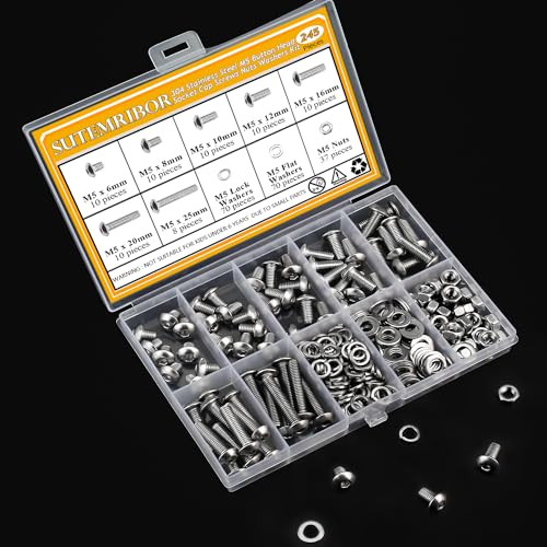 245 Pieces M5 Screws Nuts Washers Set, Sutemribor M5 x 6/8/10/12/16/20/25mm Button Head Socket Cap Screws Nuts Washers Assortment Kit, 304 Stainless Steel, Fully Threaded - size: M5, style: Button Head Socket Cap