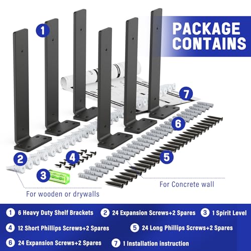 Goovilla Shelf Bracket, Floating Shelf Brackets 12 inch Long, 6 Pack, Black - size: 12 Inch, style: Black 6Pack